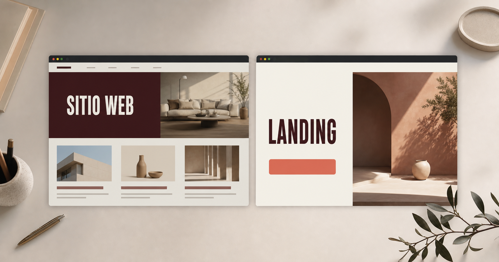 Comparación visual entre un sitio web multipágina y una landing page enfocada